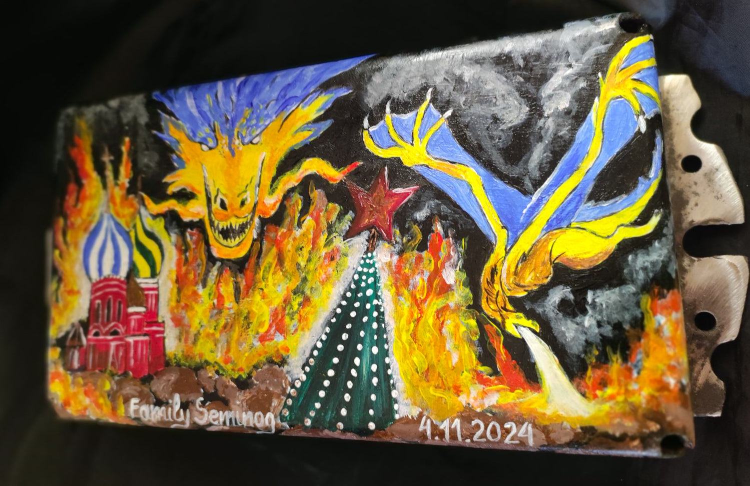 Ukrainian Dragon artwork burning down the Kremlin on tank turret piece