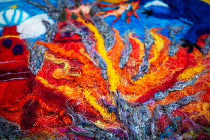 Ukrainian dragon wool artwork burning Kremlin with fletchettes fire on canvas 40x50cm