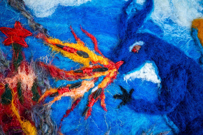 Wool artwork of Ukrainian dragon burning the Kremlin with fletchette fire, 40x50cm