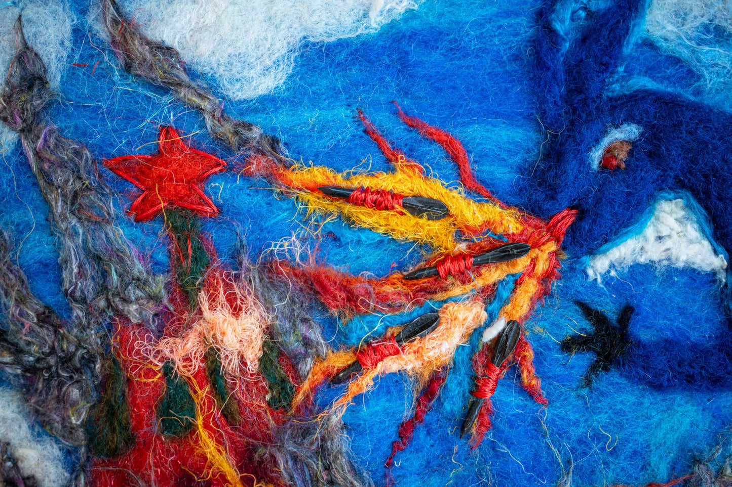 Ukrainian dragon wool artwork burning Kremlin on canvas 40x50cm