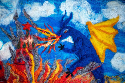 Ukrainian dragon made of wool burning the Kremlin on canvas 40x50cm