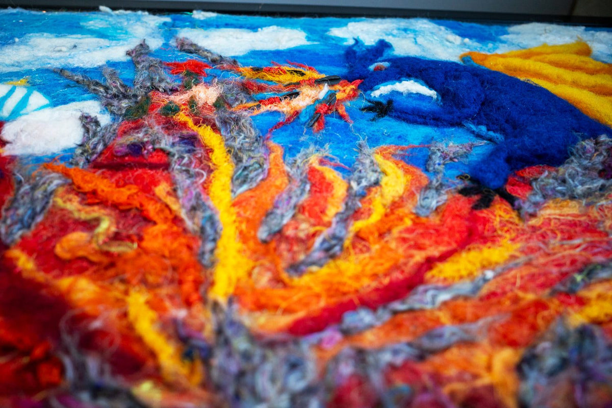 Ukrainian dragon wool artwork burning the Kremlin on canvas 40x50cm