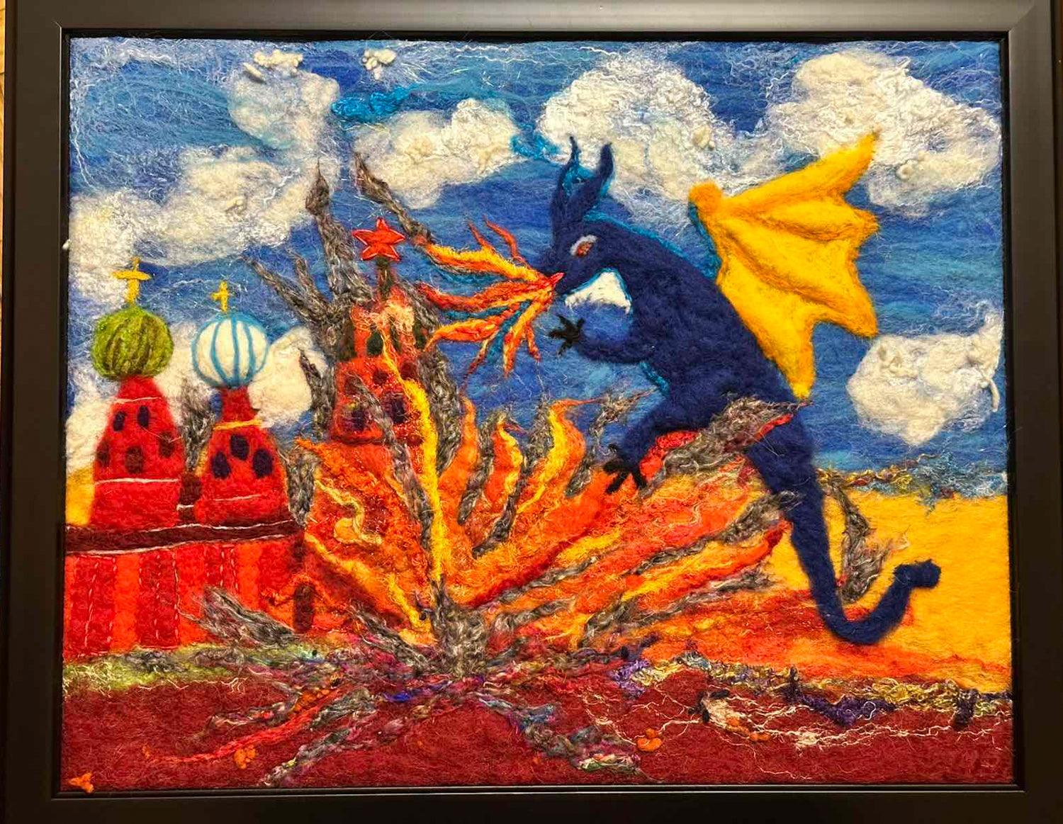 Ukrainian dragon wool artwork burning the Kremlin on canvas 40x50cm