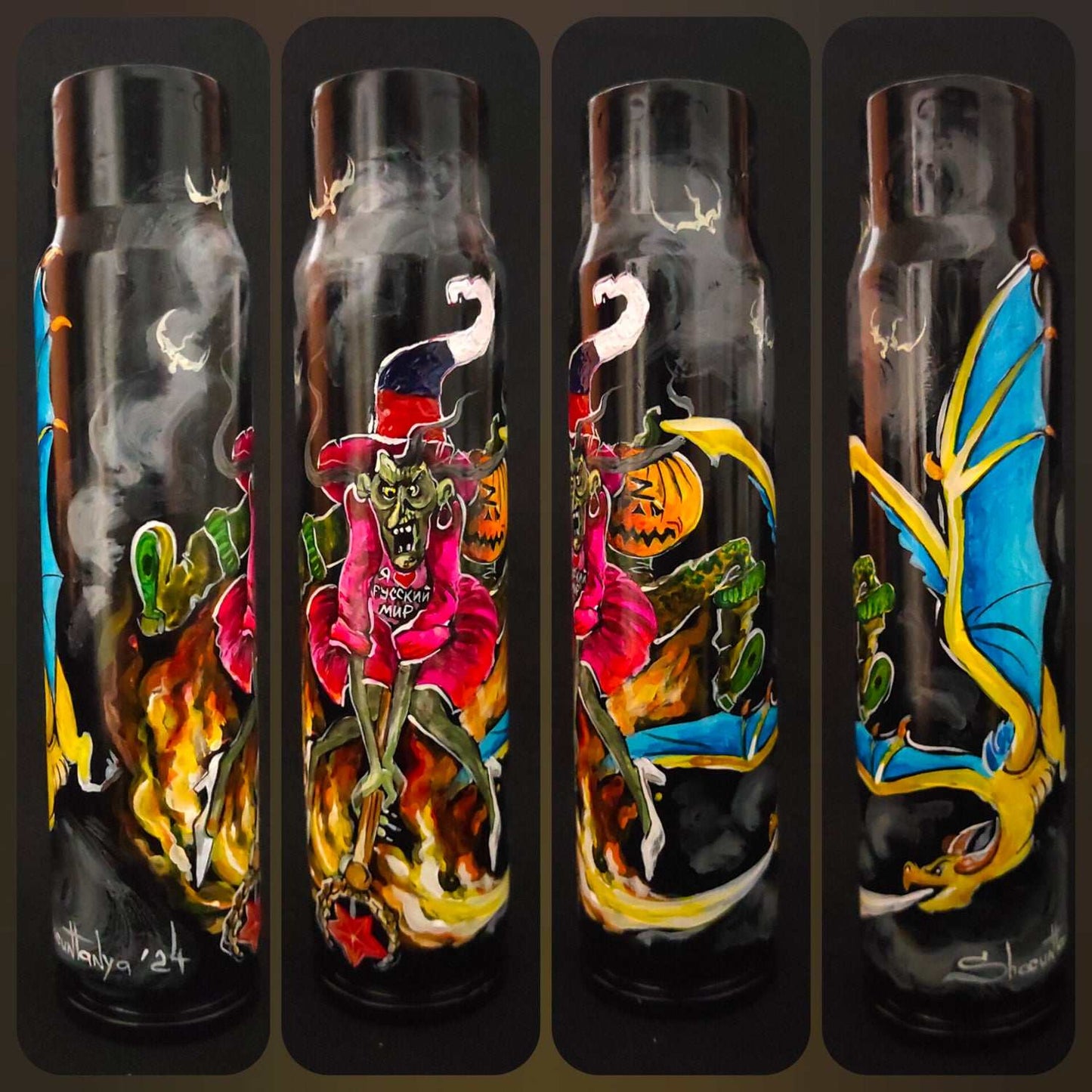 Ukrainian Dragon painted on 30mm shell burning russian mir symbol