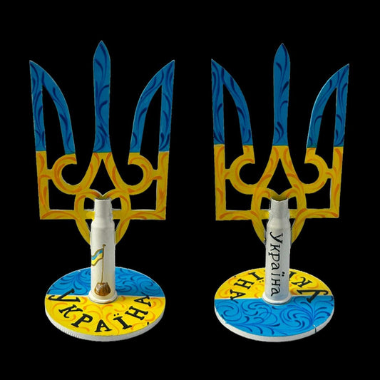 Ukrainian flag painted on small Tryzub with bullet cartridge artwork by Anastasia Leonova