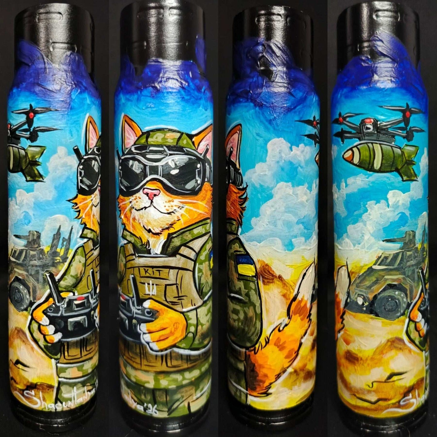 Ukrainian FPV Cat-Pilot artwork painted on 30mm shell by Tetana