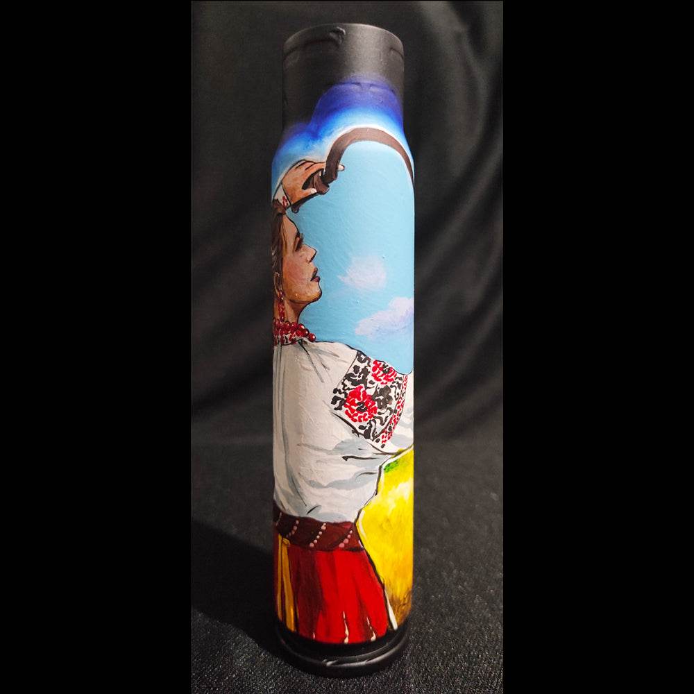 Ukrainian girl in traditional attire hand-drawn on 30mm shell by Tanya Shacun