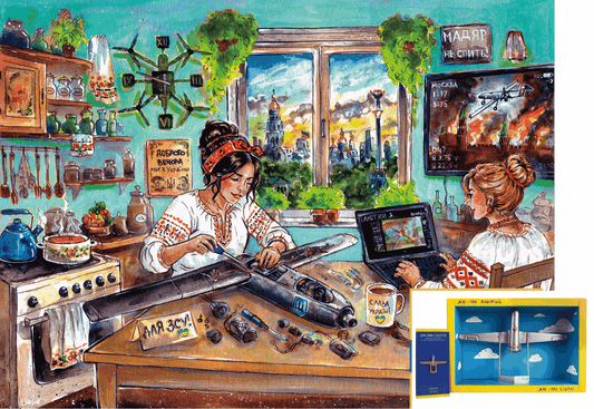 Ukrainian Housewives 500-piece jigsaw puzzle artwork inspired by drone assembly by housewives