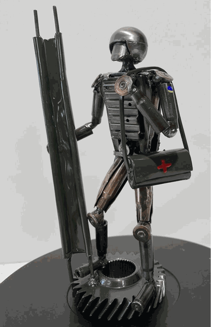 Sculpture of Ukrainian Medic made from frontline shells, 27cm, by Hisoshi Art Studio