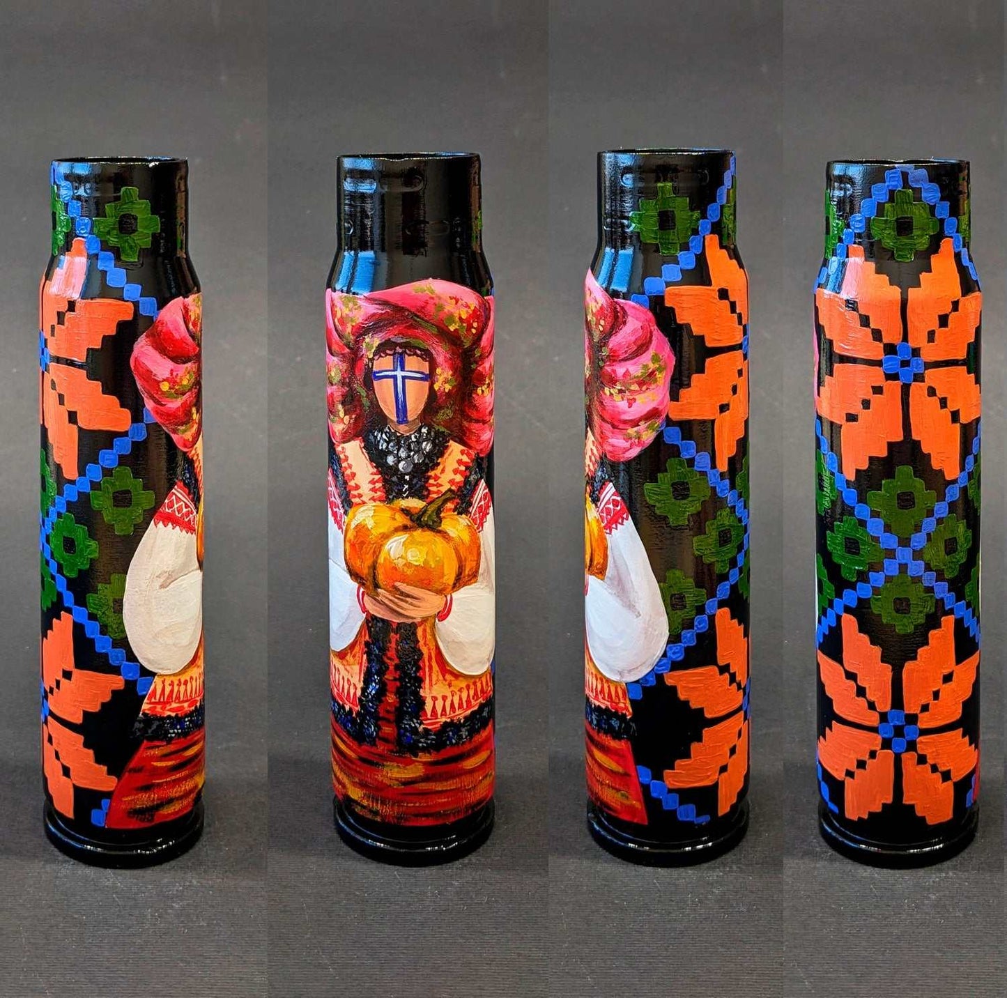 Ukrainian Motanka doll with pumpkin design painted on 30mm shell by Catherine Ruban