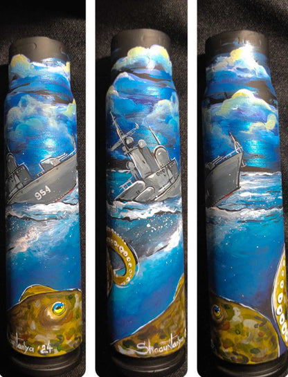 Ukrainian octopus dragging Ivanovets underwater drawn on 30mm shell by Tanya Shacun