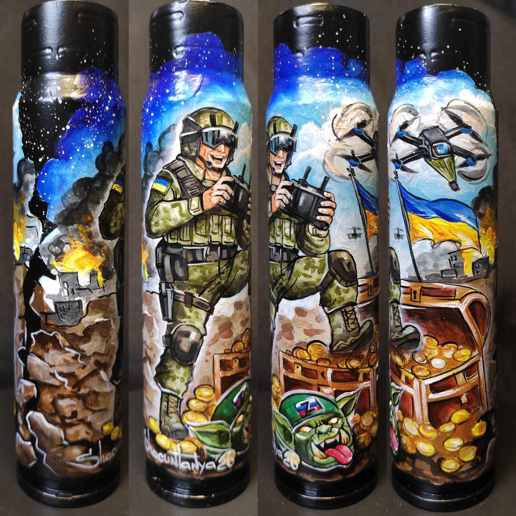 30mm exploded shell painted with Ukrainian reward system artwork by Tanya Shacun