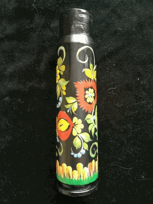 30mm shell with dark hand-painted casing, colourful floral folk-art blooms, swirling vines and a green-and-yellow border; Ukrainian reward system