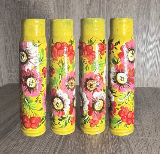 Ukrainian reward system painted shell, bright yellow with colorful flowers, berries and gold-toned centers