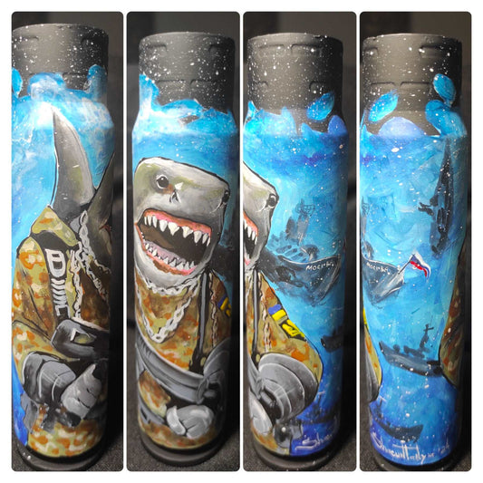 Ukrainian Shark soldier painted on a 30mm shell by Tanya Shacun
