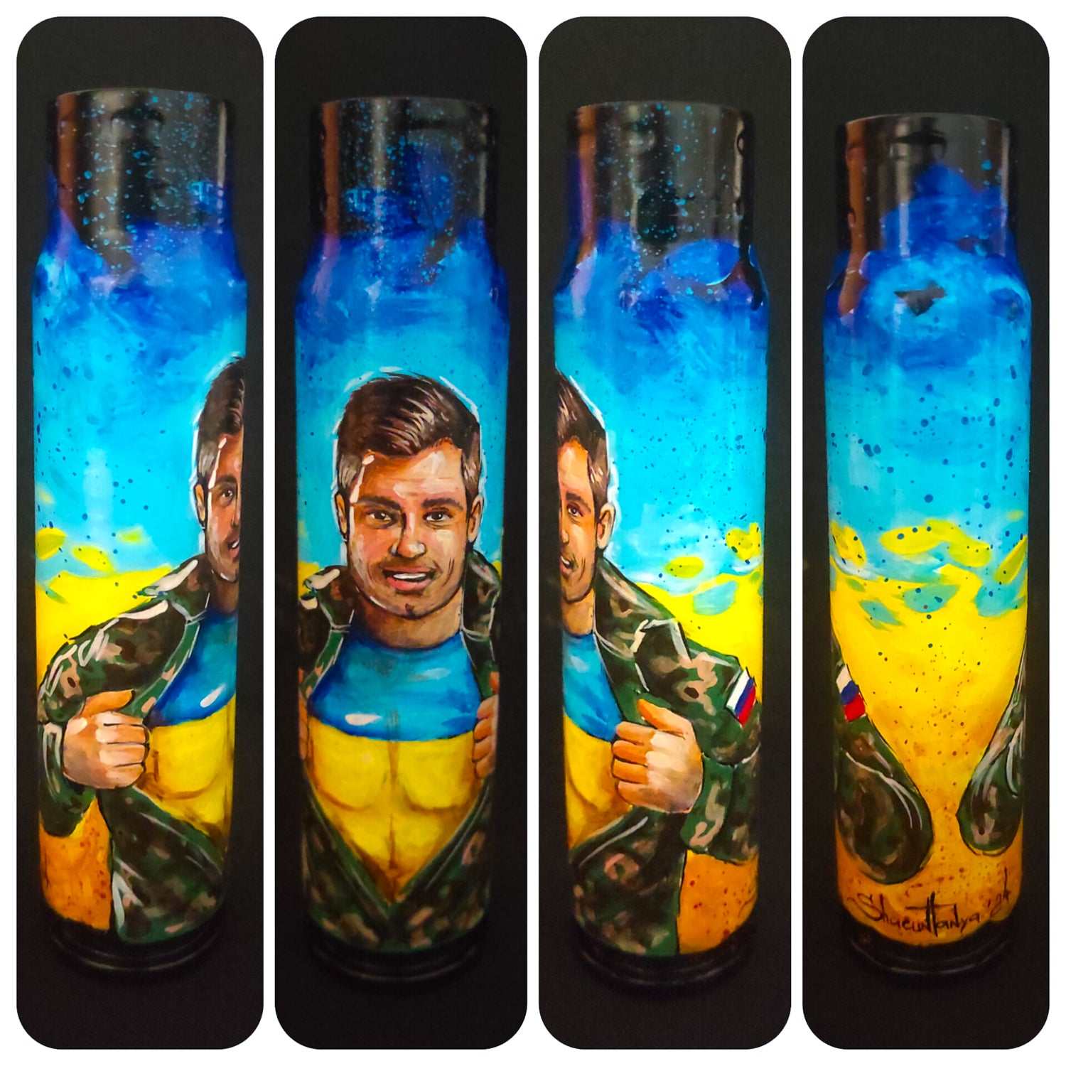 Ukrainian soldier revealing true identity on 30mm shell artwork by Tetana