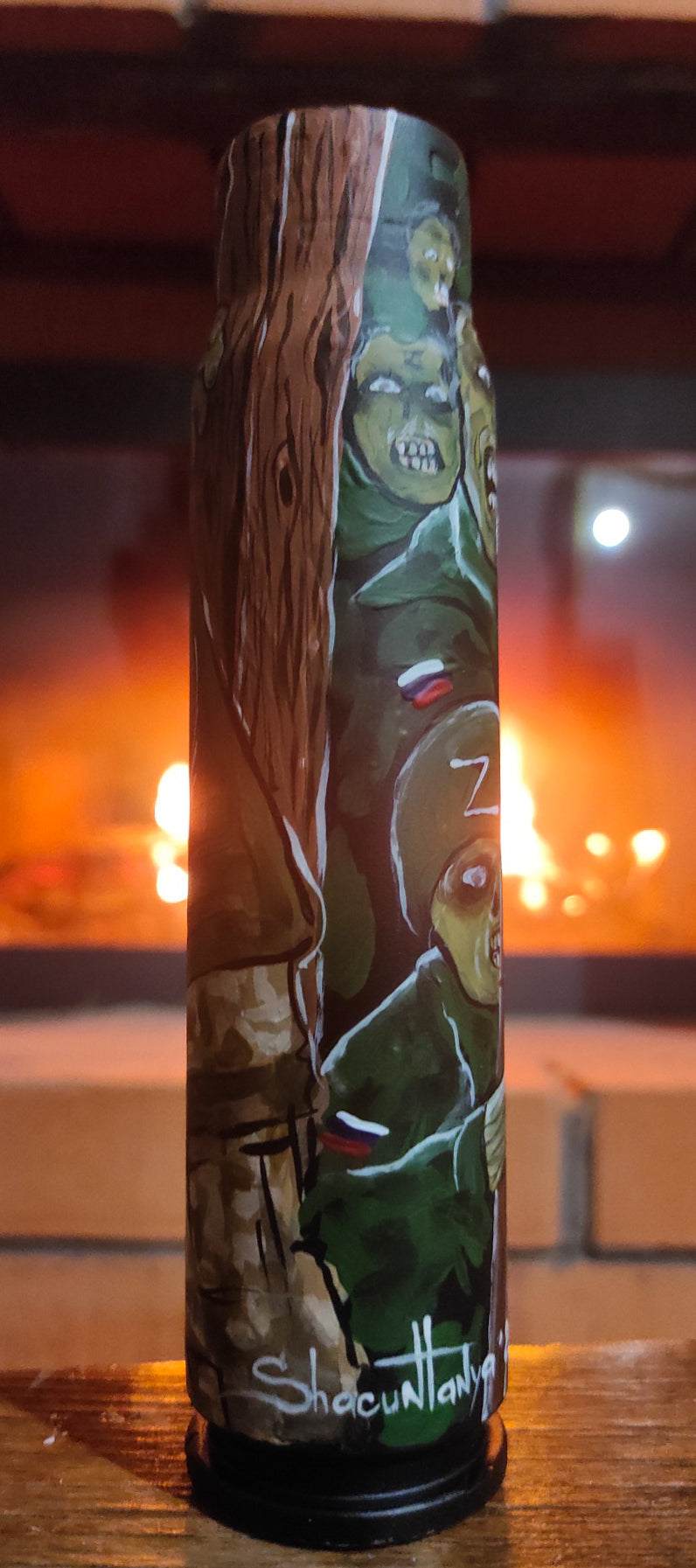 Ukrainian Soldier artwork drawn on 30mm shell by Tanya Shacun