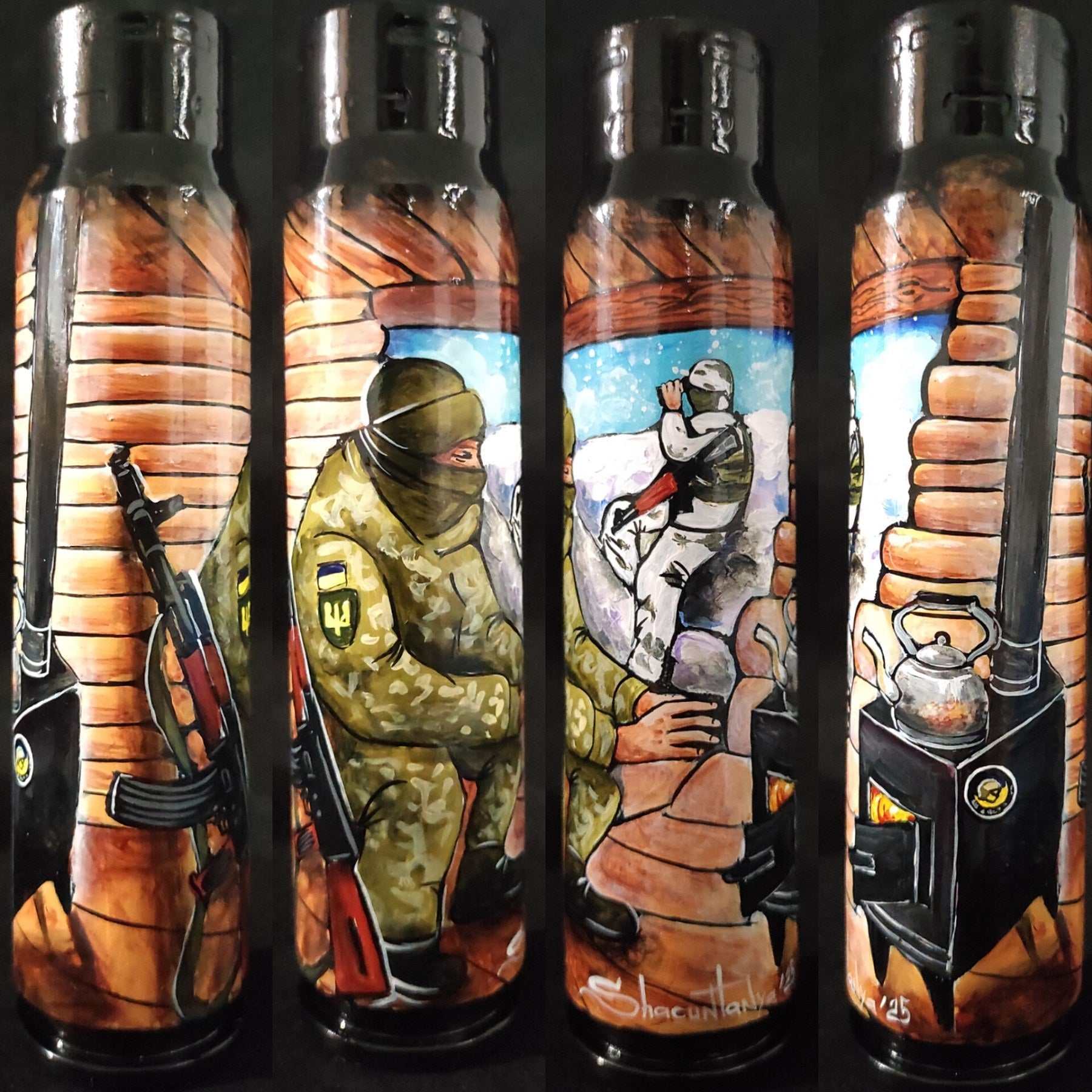 Ukrainian soldier in trench painted on 30mm shell symbolizing resilience amid war