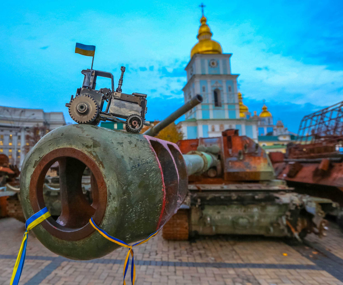 Ukrainian Tractor pulling a Russian tank artwork by Hisoshi Art Studio