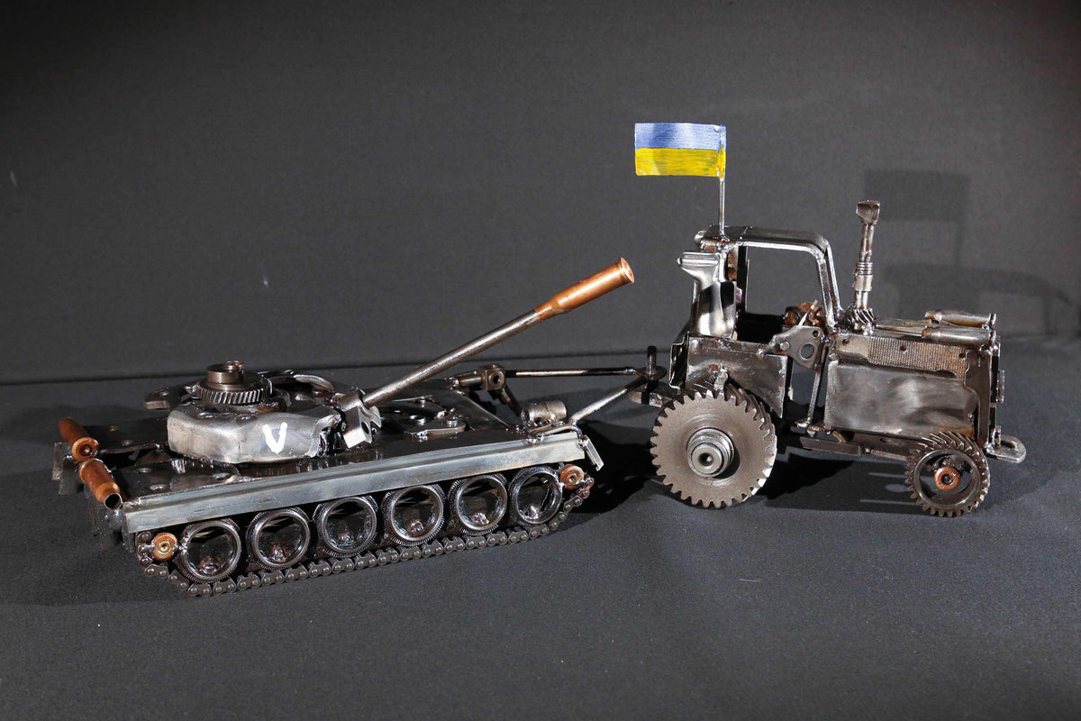 Ukrainian tractor pulling a Russian tank artwork by Hisoshi Art Studio