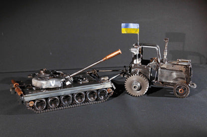 Ukrainian tractor pulling a Russian tank artwork by Hisoshi Art Studio
