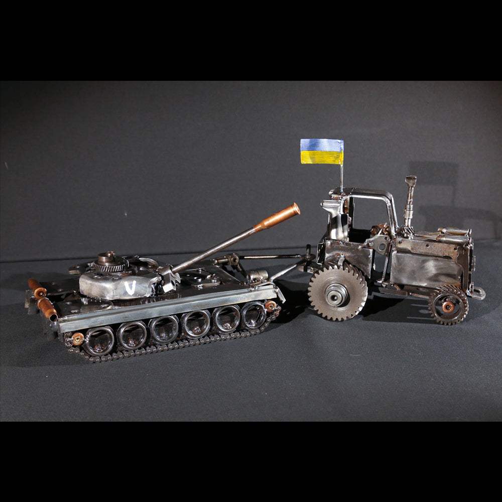Ukrainian tractor pulling a Russian tank artwork by Hisoshi Art Studio