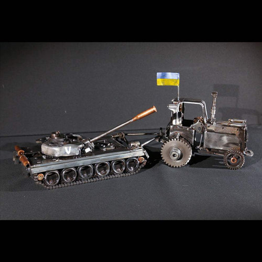 Ukrainian tractor pulling a Russian tank artwork by Hisoshi Art Studio