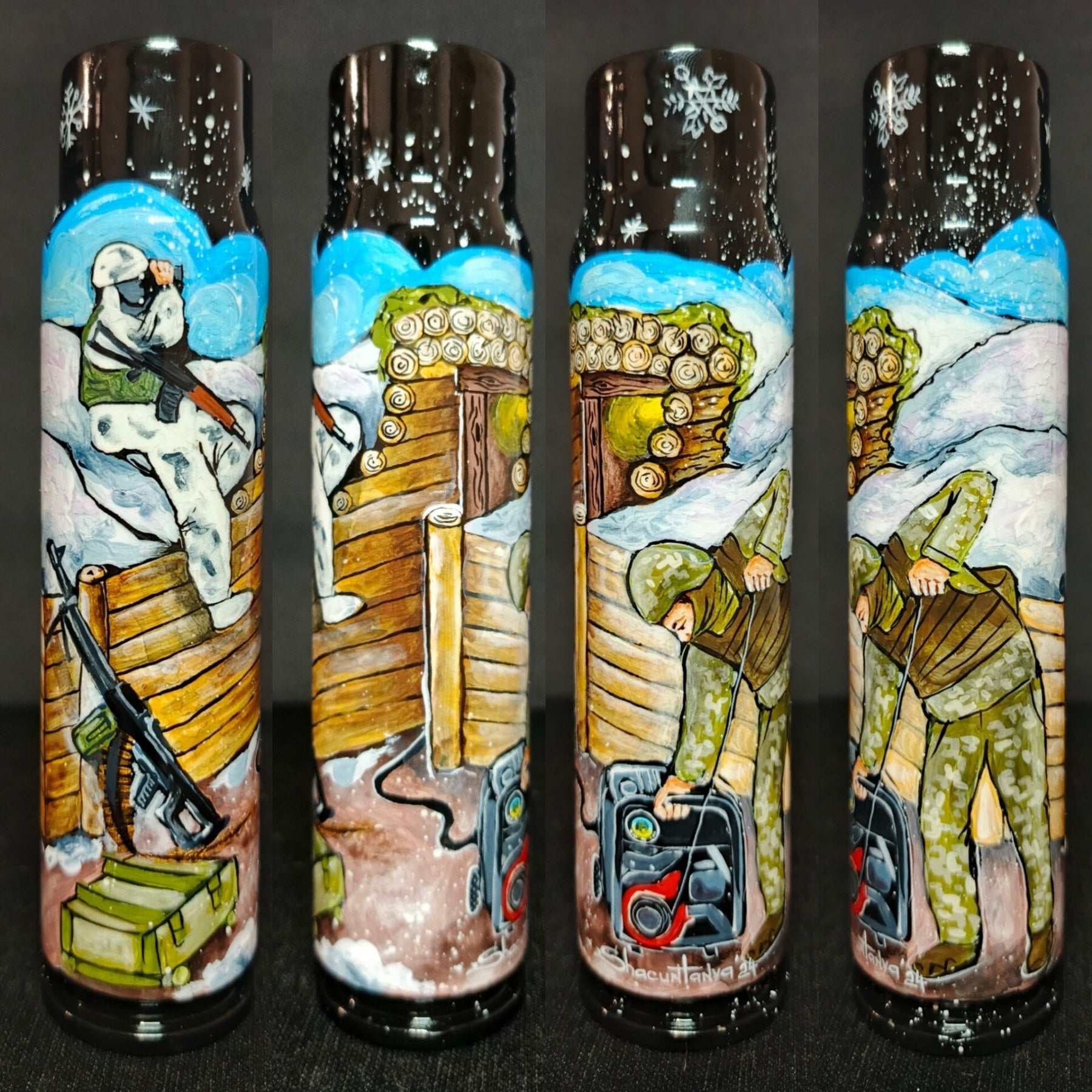 Ukrainian soldiers in trench drawn on 30mm shell by Tetiana