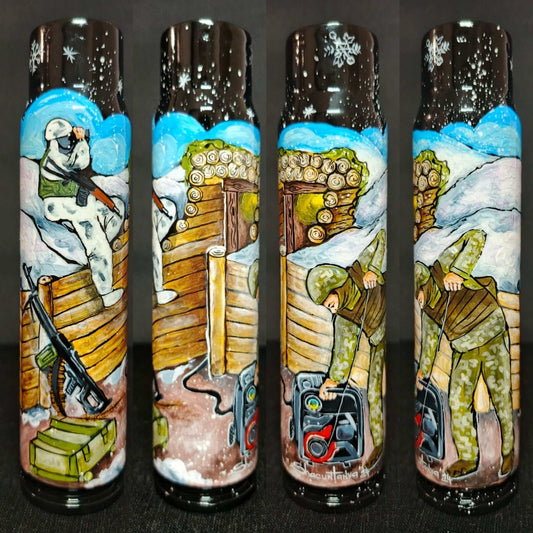 Ukrainian soldiers in trench drawn on 30mm shell by Tetiana