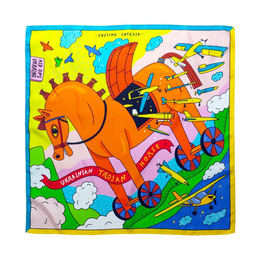 Double-sided Ukrainian Trojan Horse Mulberry Silk Scarf 66x66cm designed in Ukraine