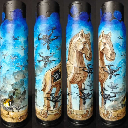 Ukrainian Trojan Horse artwork painted on 30mm shell by Tanya Shacun