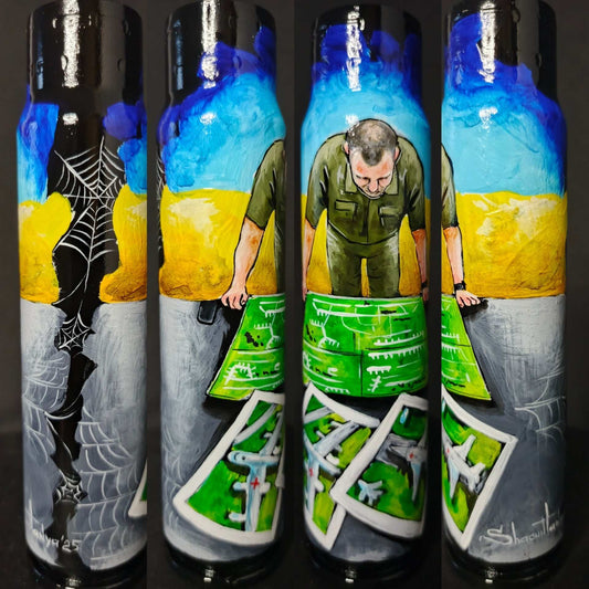 Vasyl Malyuk overseeing Operation Spiderweb painted on 30mm shell by Tanya Shacun