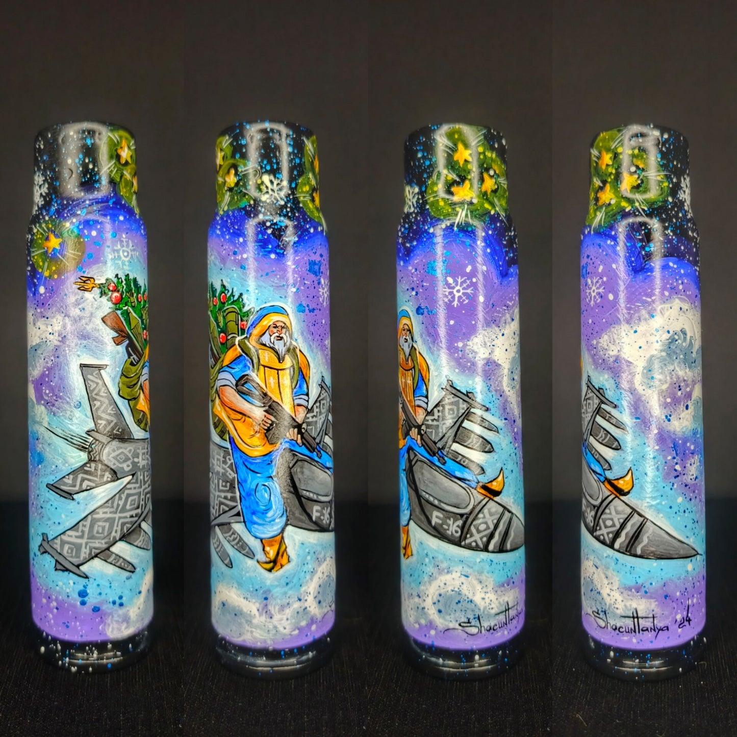 Saint Nicholas flying an F16. Painted on 30mm Shell.