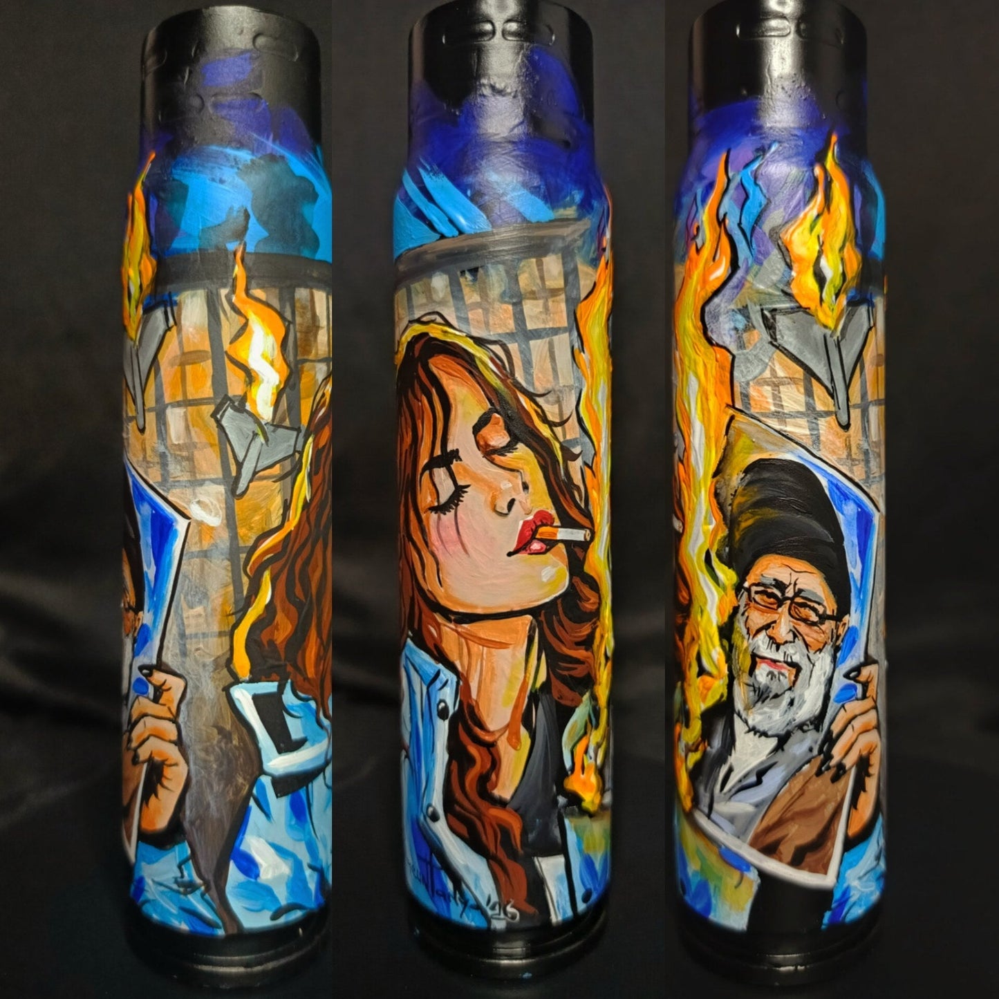 Iranian girl burning portrait of Ayatollah Ali Khamenei painted on 30mm shell