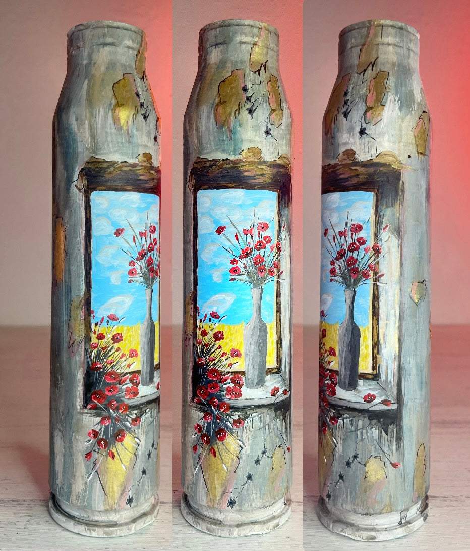 Window view artwork drawn on 25cm tall Gepard shell used in Ukrainian defense