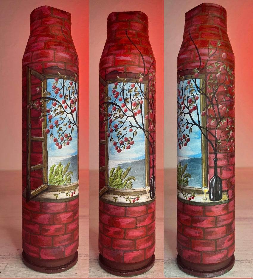 Window view artwork drawn on a 25cm tall Gepard shell used in Ukraine's defense against drones
