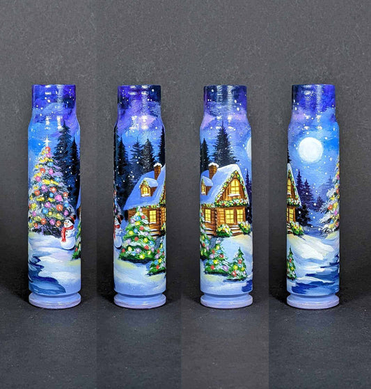 Winter scene painted on 30mm shell by Catherine Ruban, 16.5cm tall artwork
