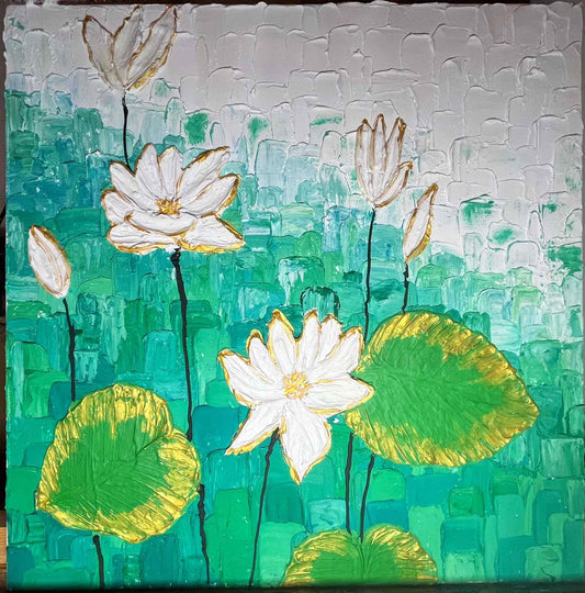 Water Lillies. Acrylic and paste on canvas. (40x40cm). (1194 AH)