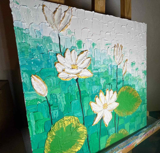 Water Lillies. Acrylic and paste on canvas. (40x40cm). (1194 AH)