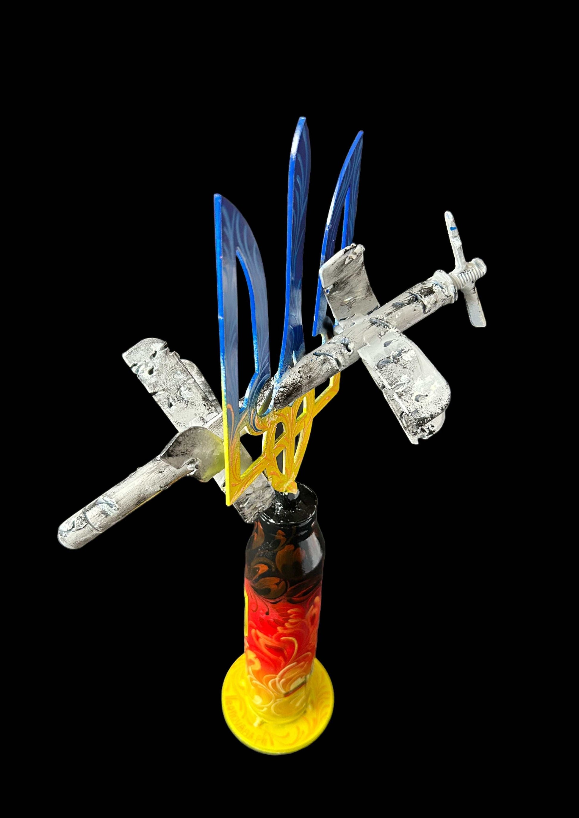 ZALA Lancet drone artwork impaled on Tryzub with Gepard shell base fired in Kyiv