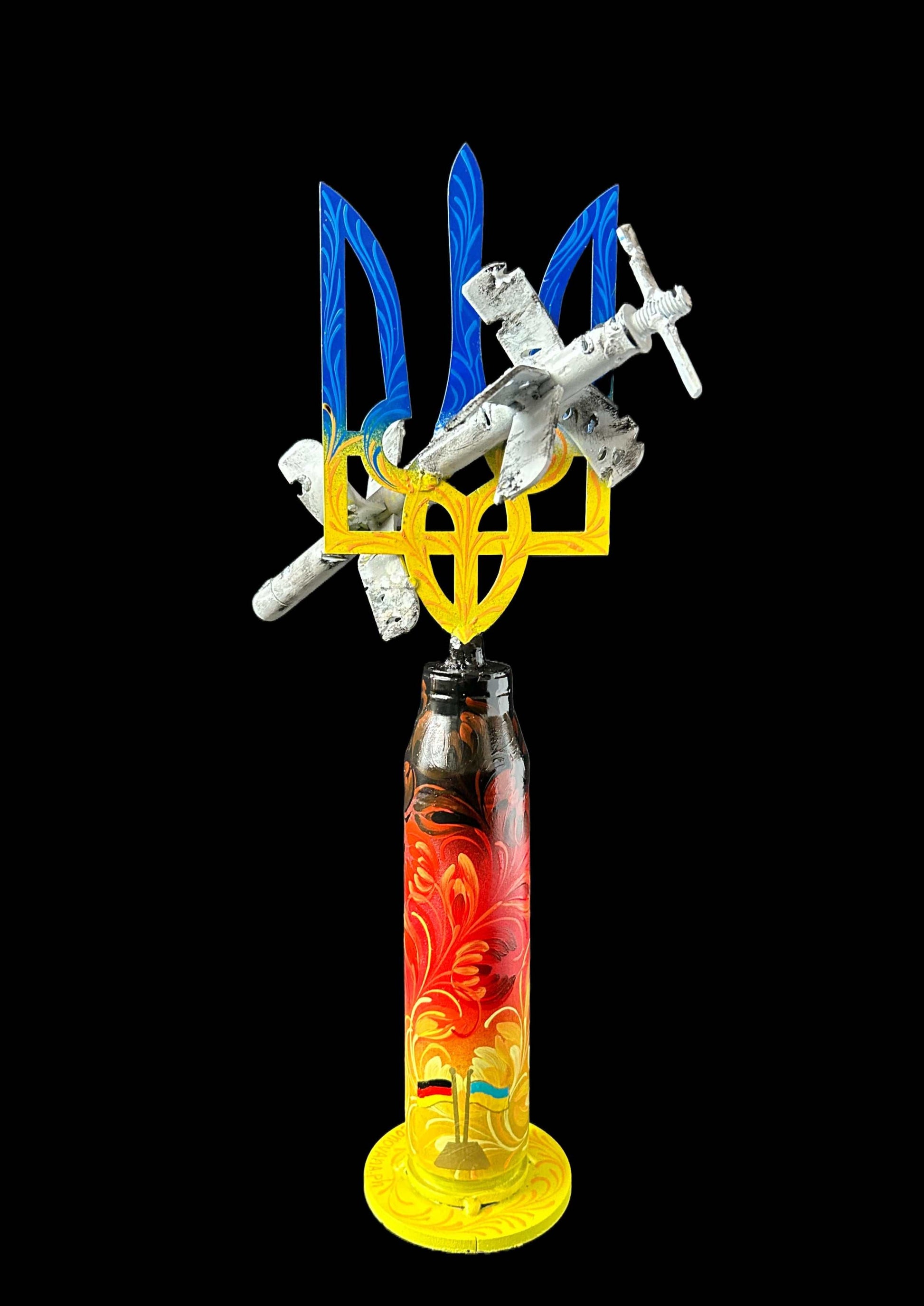 ZALA Lancet drone impaled on Tryzub with Gepard shell base artwork