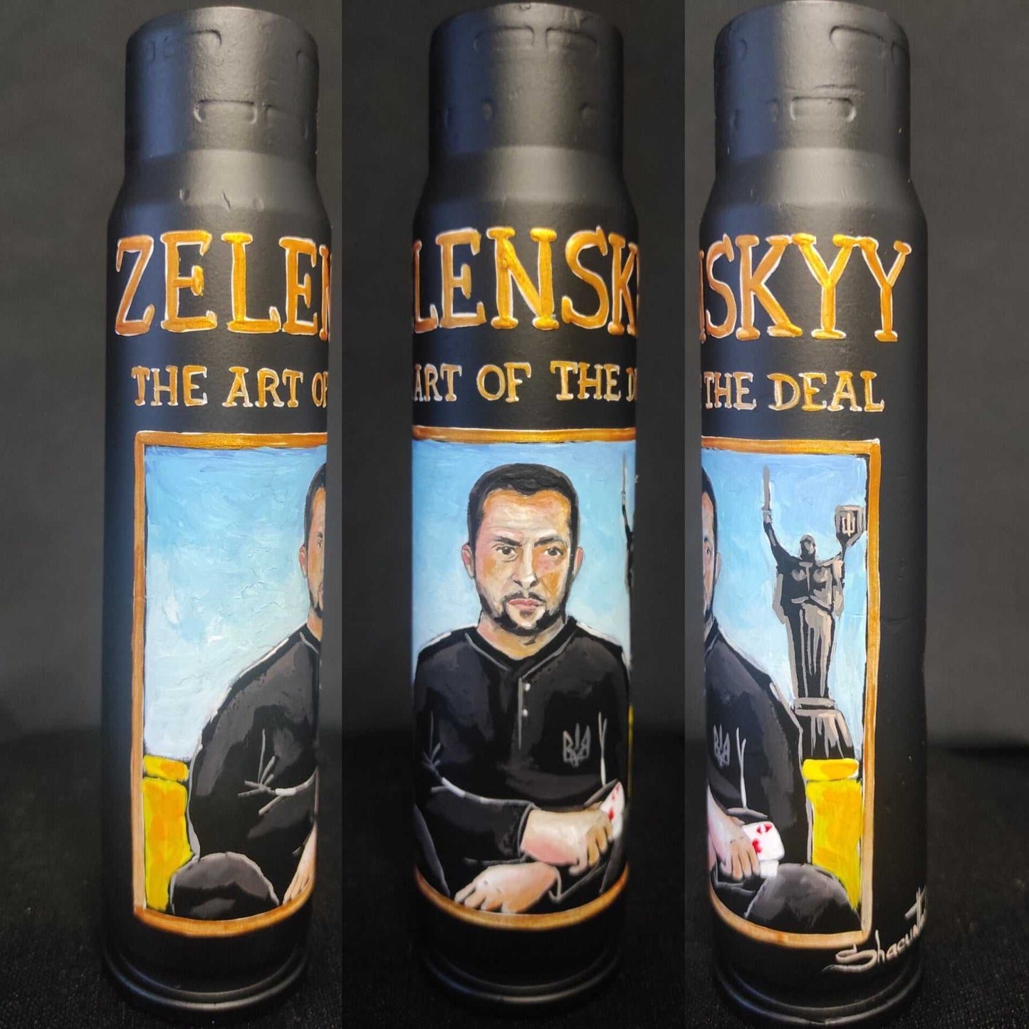 Zelensky the art of the deal painted on 30mm shell by Tetana