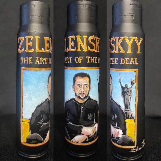 Zelensky the art of the deal painted on 30mm shell by Tetana